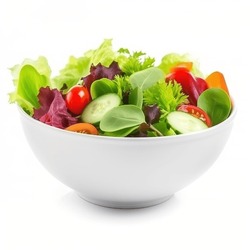 Salad bowl with spinach, cherry tomatoes, lettuce, cucumber and many more vegetables isolated on white background.