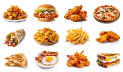 All Fast Food collection set, isolated on white background. Fried chicken, fries, pizza, sandwich, chicken nuggets, eggs and bacon, shawarma, prawns. Junk food of Fast Food set. Closeup of fast foods.