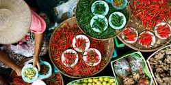 Basket of dried chili pepper sold in asian market