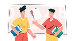 Two young men are talking, discussing or sharing ideas. Flat illustration.