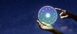 Astrological zodiac signs inside of horoscope circle. Astrology, knowledge of stars in the sky over the milky way and moon. The power of the universe concept.
