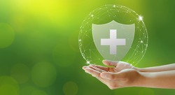 Hand offer medical shield on green background. Family life insurance, Medical care insurance, and Business healthy concepts. Copy space.