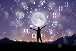 Astrological zodiac signs inside of horoscope circle. Illustration of Woman silhouette consulting the stars and moon over the zodiac wheel and milky way background. The power of the universe concept.