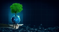Man hand holding smartphone with Technology Economic. Tree growing on Earth and wireframe background. Green computing, Green IT, csr, and IT ethics Concept.