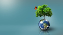 Tree growing on Earth with green grass on and butterfly. World Ecology, World Environment Day, World Earth Day, and Saving environment Concept. Image furnished by NASA
