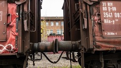 Two rusted freight wagons are coupled to each other. They are standing on a siding. 
