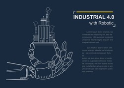 Industrial 4.0 with Robot concept, Robotic hand holding factory company and working industry.