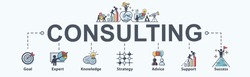 Consulting banner web icon for business, goal, planing, Advice, expert, strategy, support and success. Minimal vector infographic.