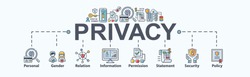 Privacy banner web icon for personal and data protection, gender, relation, information, permission, statement, policy, safety and cyber security. Minimal vector infographic.
