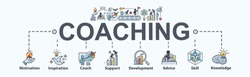 Coaching banner web icon for training and success, motivation, inspiration, teaching, coach, learning, knowledge, support and advice. Minimal vector infographic.