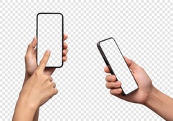 Hand holding the black smartphone phone with blank screen and modern frameless design, hold Mobile phone on transparent background Ideal for marketing, app design, UI and UX - include clipping path.
