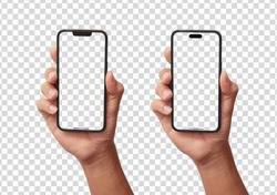 Hand holding smart phone Mockup  and screen Transparent and Clipping Path isolated for Infographic Business web site design app on iphon 14, 13, mini new generation 