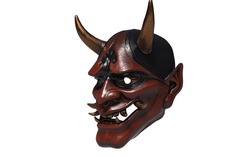 japanese red demon mask with golden horns on white background