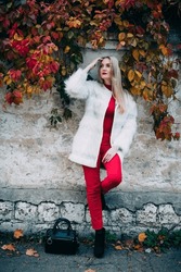Portrait of a positive smiling woman with blond long hair and stylish make-up with red lips, in a light winter coat, against the background of vine branches, near a concrete wall, on a city street.