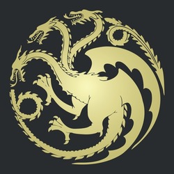 Three-headed gold dragon as emblem of the house Targaryen. Poster of the gold dragon for the series House of the Dragon - prequel Game of Thrones.  Vector illustration as print, pattern or wallpaper.