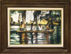  Painting with four Indians in a boat on the river Amazonas