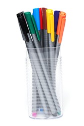 Art and craft equipment drawing pen, multicoloured colored marker on white background. School craft art tool.