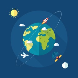 Earth banner with sun, moon, stars and space rocket. Vector