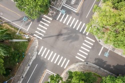aerial view of street intersection at a city
