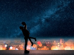 Silhouette of Asian couple, man hold his girlfriend up above the city in night under stars.