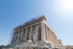 Parthenon temple on Acropolis, Athens, Greece.Ancient Greek architecture of Athens.While the restoration work is in progress.