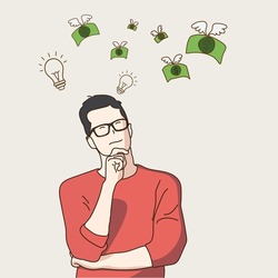 A bright and cheerful young man was thinking of a way to put the money floating in the air in his pocket to spend on living. Vector illustration. Drawing style. Online money making idea.