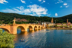 Landmark and beautiful Heidelberg town with Neckar river, Germany. Heidelberg town with the famous Karl Theodor old bridge and Heidelberg castle, Heidelberg, Germany. 
