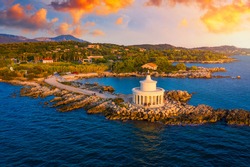 Aerial view of Lighthouse of Saint Theodore in Lassi, Argostoli, Kefalonia island in Greece. Saint Theodore lighthouse in Kefalonia island, Argostoli town, Greece, Europe.