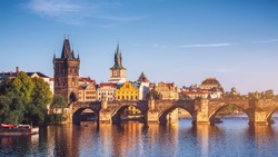Czech Republic, Prague panorama with historic Charles Bridge and Vltava river