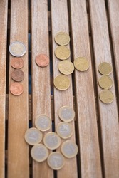 coins of one euro, fifty cents, twenty cents, two euros and two euro cents, grouped according to their value, on a wooden slatted table. Tenerife, Canary Islands, Spain