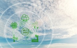Carbon neutral and net zero concept natural environment Climate-neutral long-term strategy greenhouse gas emissions targets with net zero icon on sky  background.