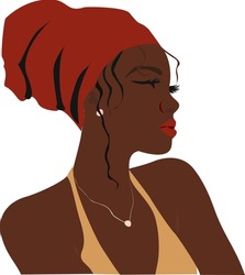 Abstract Black Woman in Red HeadWrap and mustard yellow top. Beautiful African American Dark skin girl vector portrait. Modern minimalist flat illustration.