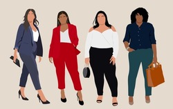 Set of Beautiful curvy business women wearing formal office outfits. Plus size attractive models smart casual look. Body positive modern fashion vector illustrations isolated.