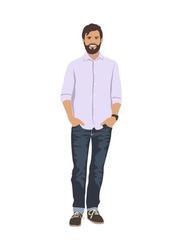 Business man standing with hands in his pockets.. Handsome guy wearing smart casual outfit - jeans and white shirt. Vector realistic illustration, cartoon style, isolated on white background.