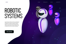 Robotic systems landing page concept with levitating robots. Android flying