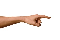 Hand of adult man with forefinger extended forward on white background