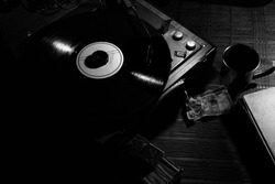 this is a blackandwhite photo of a record player with a vintage aspect