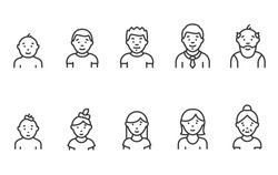 Lifecycle from birth to old age, icon set. People of different ages, male and female, linear icons. Childhood to old age. Line with editable stroke