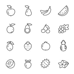 Fruits and berries icon set. apple, kiwi, orange and more. Food, organic nutrition. Line with editable stroke