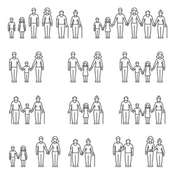 Family, parents and children, set of illustrations. people of different ages, linear icons. Line with editable strok