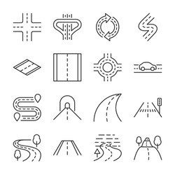 Roads icons set. Road forks icon. Road sections of different shapes. Line with editable stroke