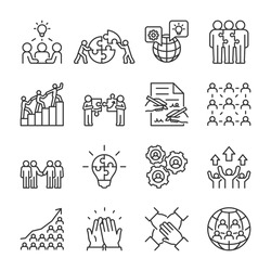 Business cooperation icons set. People work together for the growth and success of the company. A team of employees working toward a goal. Teamwork, linear icon collection. Line with editable stroke