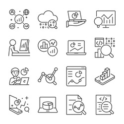 IT analytics icons set. Data analysis, big data. Data Scientist. Processing and visualization, linear icon collection. Line with editable stroke