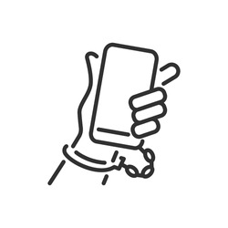Smartphone addiction, linear icon. The smartphone is handcuffed to the hand. Line with editable stroke