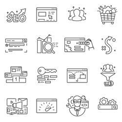 Website promotion, SEO icons set. Search engine optimization, thin line design. Process to promote site in the search engine, linear symbols collection. isolated vector illustration.