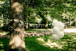 balloons and photo garland of couple and ribbons hanging, handmade adorning and arrangement at celebration events, bridal shower, photo booth