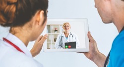 Doctor telemedicine service online video for virtual patient health medical chat . Remote doctor healthcare consultant from home using online mobile device connect to internet for live video call .