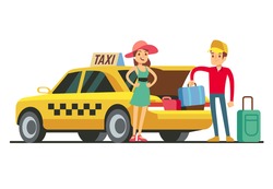 Taxi with open trunk. Happy client and smiling driver. Young happy girl with taxi cab on white background. Taxi driver take baggage from car boot. Vector Illustration.