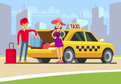 Taxi with open boot. Happy client and smiling driver. Taxi driver put baggage in car trunk. Young smiling girl with taxi cab on urban landscape. Vector Illustration.