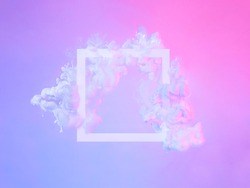 Creative abstract neon background with copy space. White square frame and clouds made from white paint in blue or violet and pink light. Fluid cloud creative composition. Trendy minimal frame concept